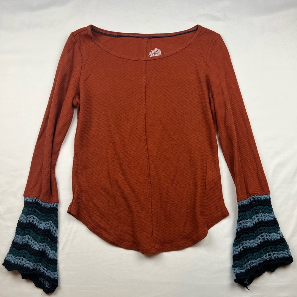 Pilcro Rust Long Sleeve Knit Top with Striped Crochet Bell Cuffs
